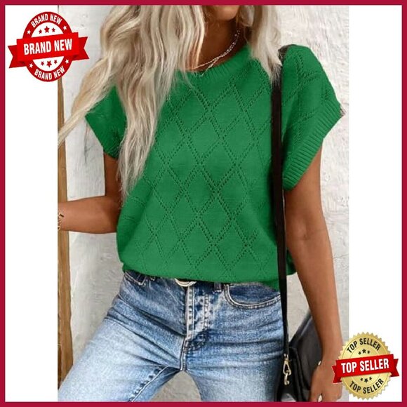 Cable Knit Short Sleeve Sweater Lightweight Pullover Loose Fit - Picture 3 of 8